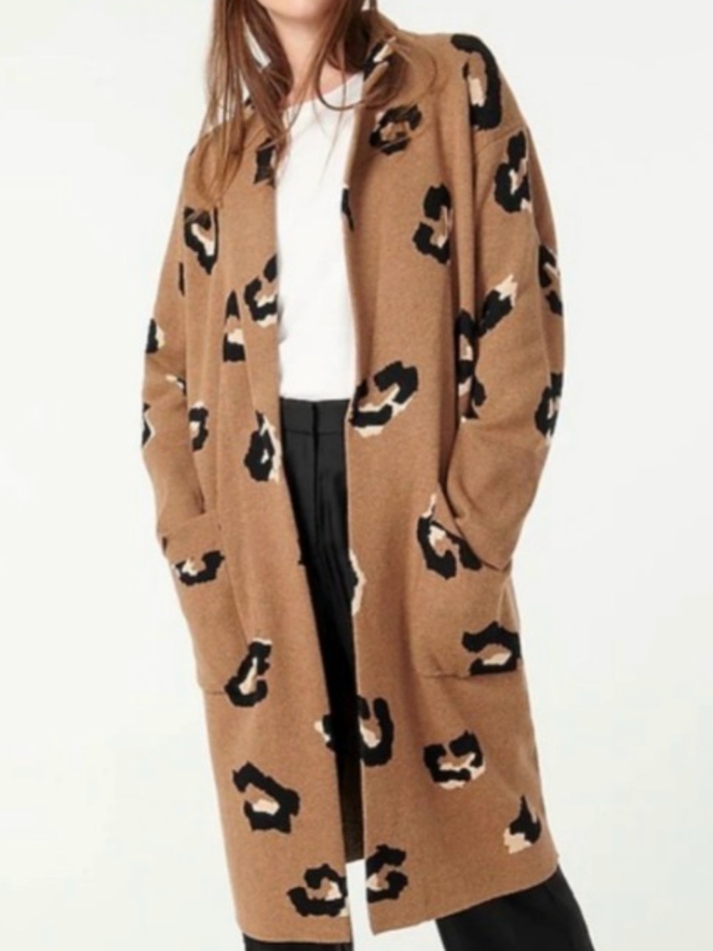 J.Crew Ella Leopard Long Sweater Blazer Womens Small Camel Open Front Pockets - Picture 4 of 9